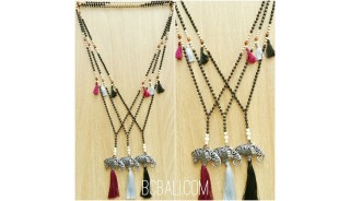 three color tassels elephant bronze caps bead necklace